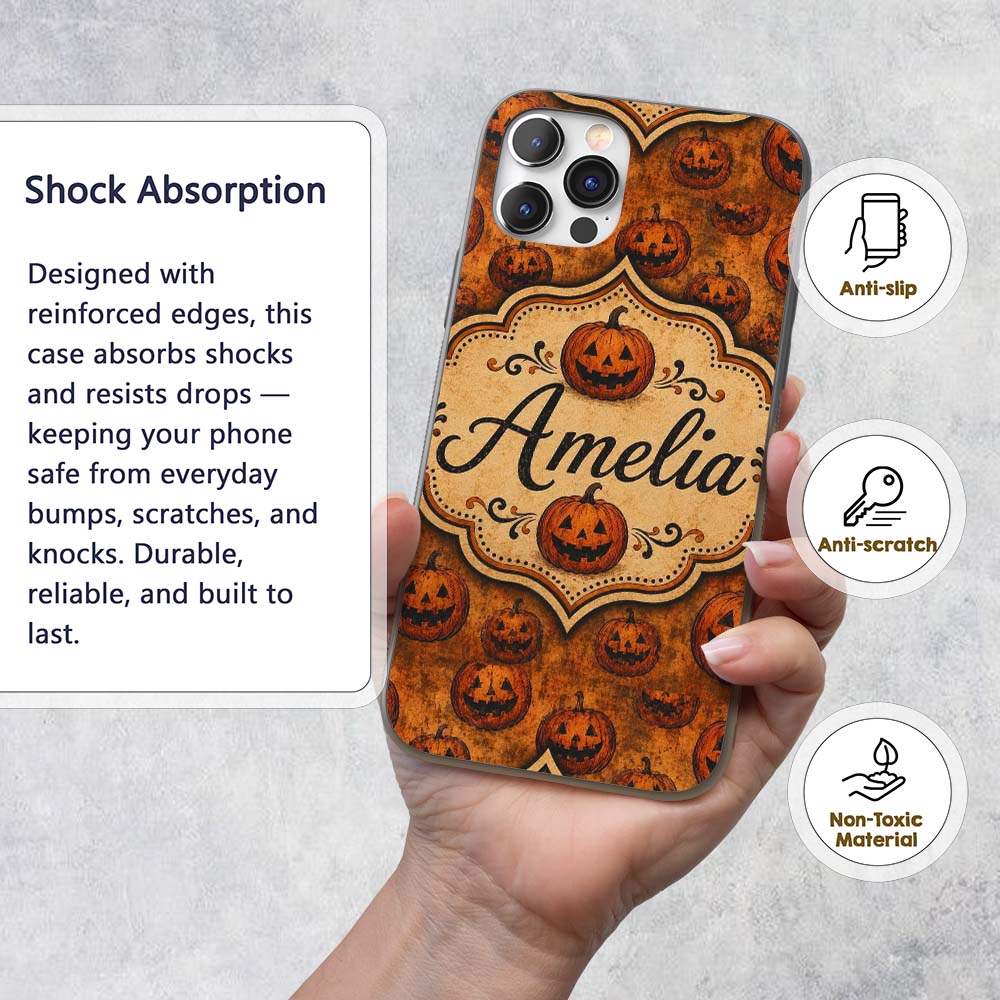 Vintage Halloween Jack O Lantern Pumpkin Pattern Custom Name Protective Phone Case Mobile Cover Durable Everyday Smartphone Shock Resistant