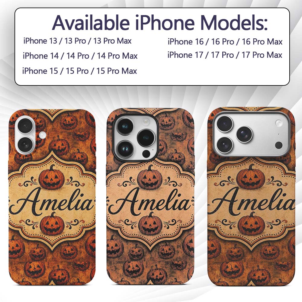 Vintage Halloween Jack O Lantern Pumpkin Pattern Custom Name Protective Phone Case Mobile Cover Durable Everyday Smartphone Shock Resistant