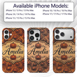 Vintage Halloween Jack O Lantern Pumpkin Pattern Custom Name Protective Phone Case Mobile Cover Durable Everyday Smartphone Shock Resistant