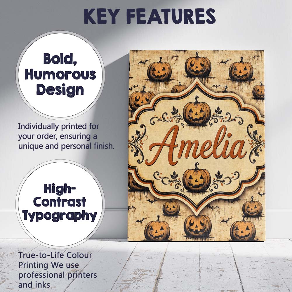 Personalised Name Grungy Halloween Pumpkins Custom  Bespoke Interior Contemporary Canvas Wall Art Print Decor Picture Ready to Hang