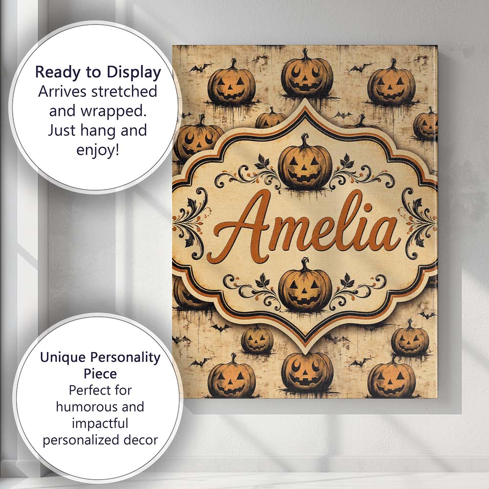 Personalised Name Grungy Halloween Pumpkins Custom  Bespoke Interior Contemporary Canvas Wall Art Print Decor Picture Ready to Hang