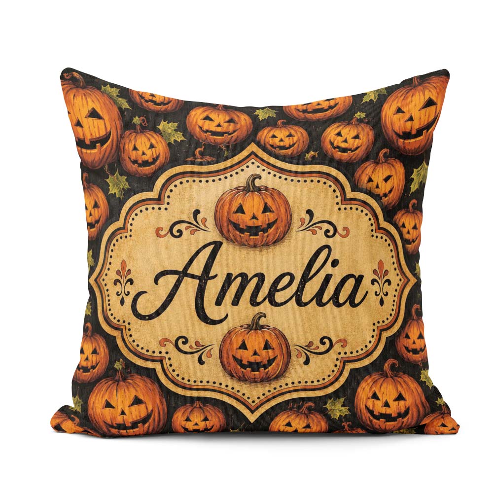 Custom Name Rustic Autumn Pumpkin Patch with Leaves on Dark Wood Square Filled Cushion Throw Pillow Sofa Bed Home Decor Zip Washable UK Made