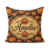 Custom Name Rustic Autumn Pumpkin Patch with Leaves on Dark Wood Square Filled Cushion Throw Pillow Sofa Bed Home Decor Zip Washable UK Made