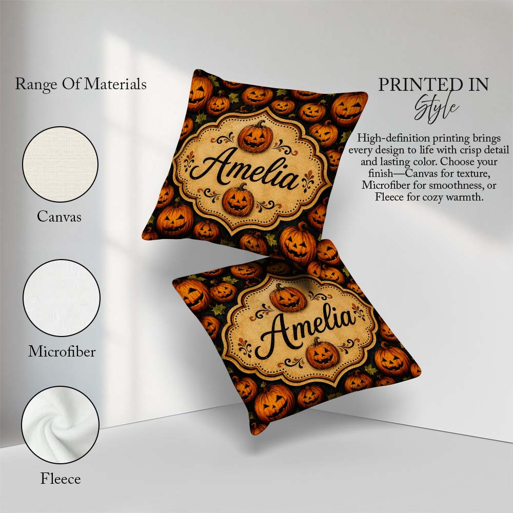 Custom Name Rustic Autumn Pumpkin Patch with Leaves on Dark Wood Square Filled Cushion Throw Pillow Sofa Bed Home Decor Zip Washable UK Made
