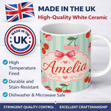 Personalized Custom Name Cute Cherry Fruit with Bow and Sprinkles Pattern Mint Stripe Lovely 11oz Ceramic Coffee Tea Mug White Large Handle