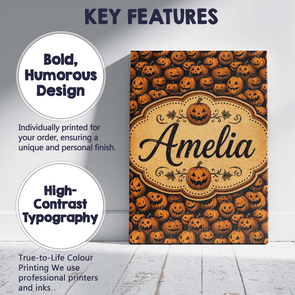 Personalised Name Dense Halloween Pumpkin Custom  Unique Gift Idea Elegant Feature Canvas Wall Art Print Decor Picture Ready to Hang