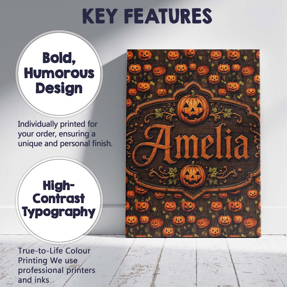 Personalised Name Hanging Pumpkin and Custom Modern Room Accent Creative Decorator Style Canvas Wall Art Print Decor Picture Ready to Hang