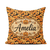 Custom Name Cartoon Pumpkin Toss Pattern on Dark Night Halloween Square Filled Cushion Throw Pillow Sofa Bed Home Decor Zip Washable UK Made