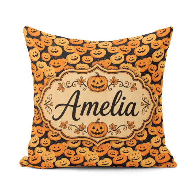 Custom Name Cartoon Pumpkin Toss Pattern on Dark Night Halloween Square Filled Cushion Throw Pillow Sofa Bed Home Decor Zip Washable UK Made