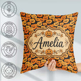 Custom Name Cartoon Pumpkin Toss Pattern on Dark Night Halloween Square Filled Cushion Throw Pillow Sofa Bed Home Decor Zip Washable UK Made