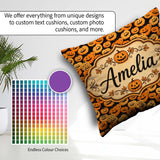 Custom Name Cartoon Pumpkin Toss Pattern on Dark Night Halloween Square Filled Cushion Throw Pillow Sofa Bed Home Decor Zip Washable UK Made