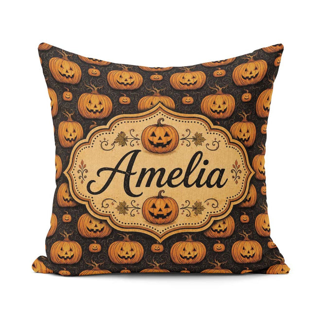 Custom Name Ornate Pumpkin Motif with Swirls on Black Background Square Filled Cushion Throw Pillow Sofa Bed Home Decor Zip Washable UK Made