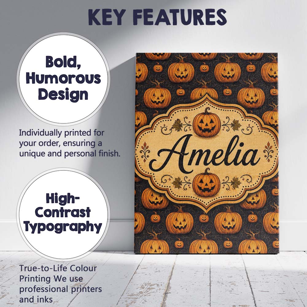 Personalised Name Ornate Halloween Pumpkin Custom  Unique Gift Idea Elegant Feature Canvas Wall Art Print Decor Picture Ready to Hang