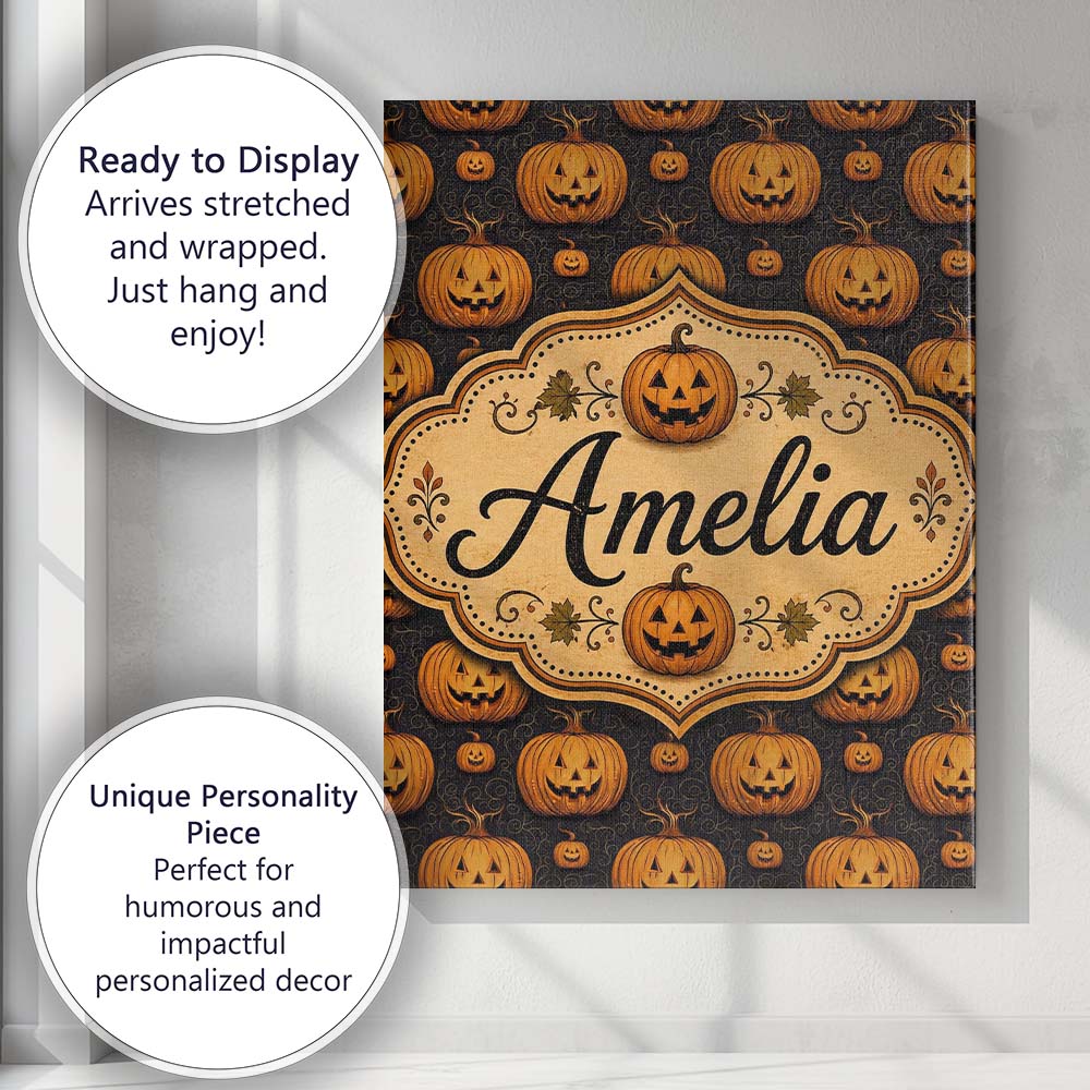 Personalised Name Ornate Halloween Pumpkin Custom  Unique Gift Idea Elegant Feature Canvas Wall Art Print Decor Picture Ready to Hang