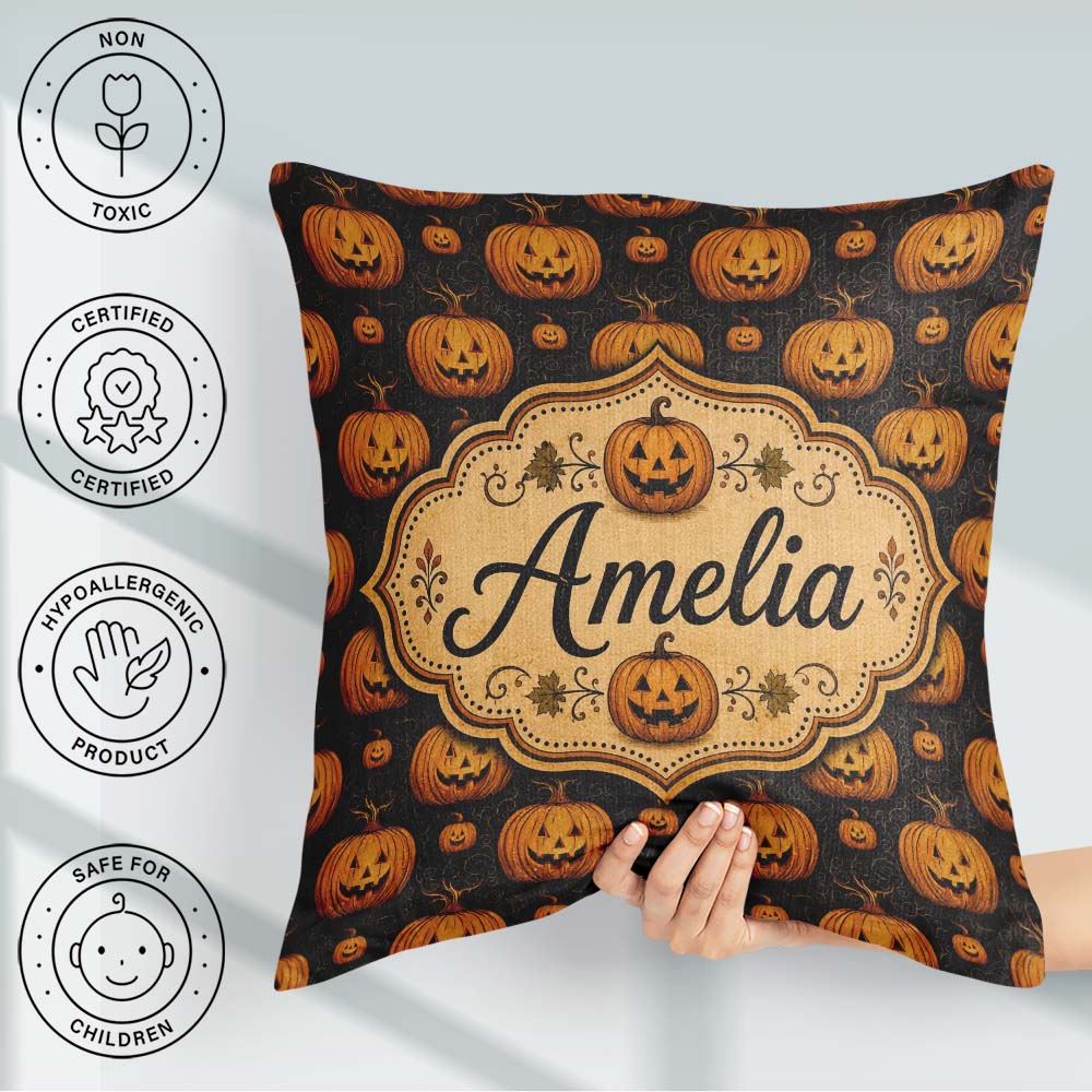 Custom Name Ornate Pumpkin Motif with Swirls on Black Background Square Filled Cushion Throw Pillow Sofa Bed Home Decor Zip Washable UK Made