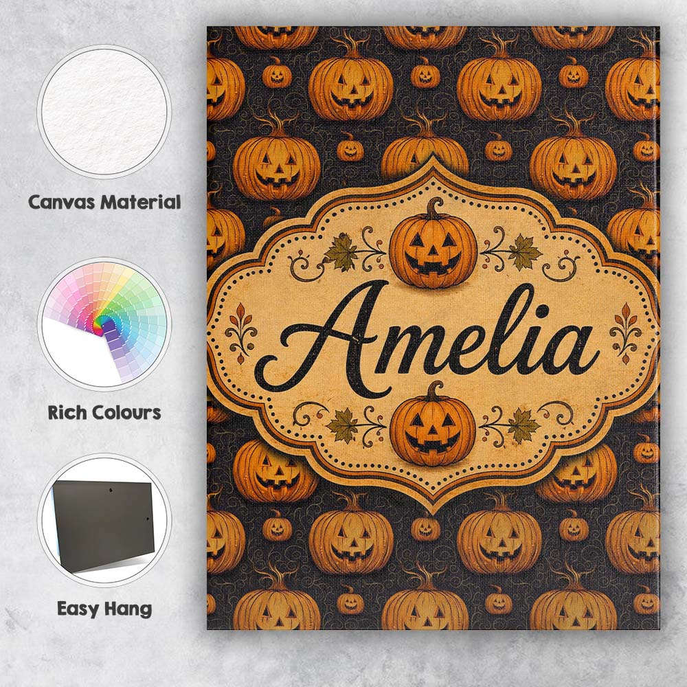 Personalised Name Ornate Halloween Pumpkin Custom  Unique Gift Idea Elegant Feature Canvas Wall Art Print Decor Picture Ready to Hang