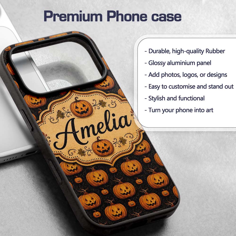 Ornate Halloween Pumpkin Motif with Swirls on Custom Name Protective Phone Case Mobile Cover Durable Everyday Smartphone Shock Resistant