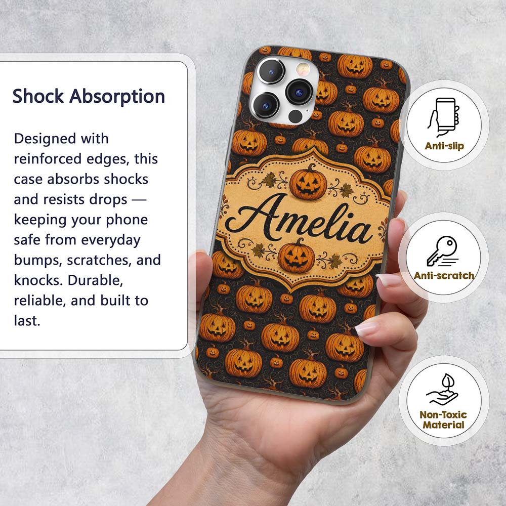 Ornate Halloween Pumpkin Motif with Swirls on Custom Name Protective Phone Case Mobile Cover Durable Everyday Smartphone Shock Resistant
