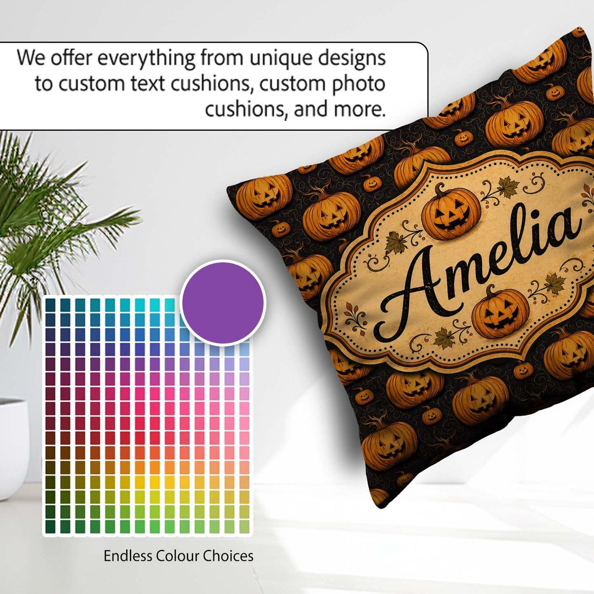 Custom Name Ornate Pumpkin Motif with Swirls on Black Background Square Filled Cushion Throw Pillow Sofa Bed Home Decor Zip Washable UK Made