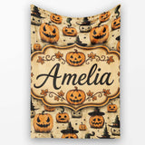Halloween Pumpkins with Witch Hats and Stars on Vintage Background  Personalised Custom Name Super Soft Fleece Blanket Bed Sofa Throw