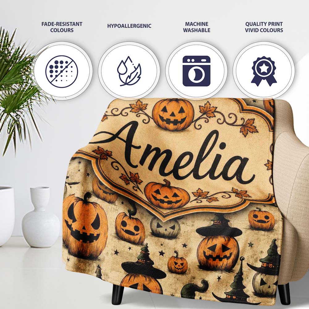 Halloween Pumpkins with Witch Hats and Stars on Vintage Background  Personalised Custom Name Super Soft Fleece Blanket Bed Sofa Throw