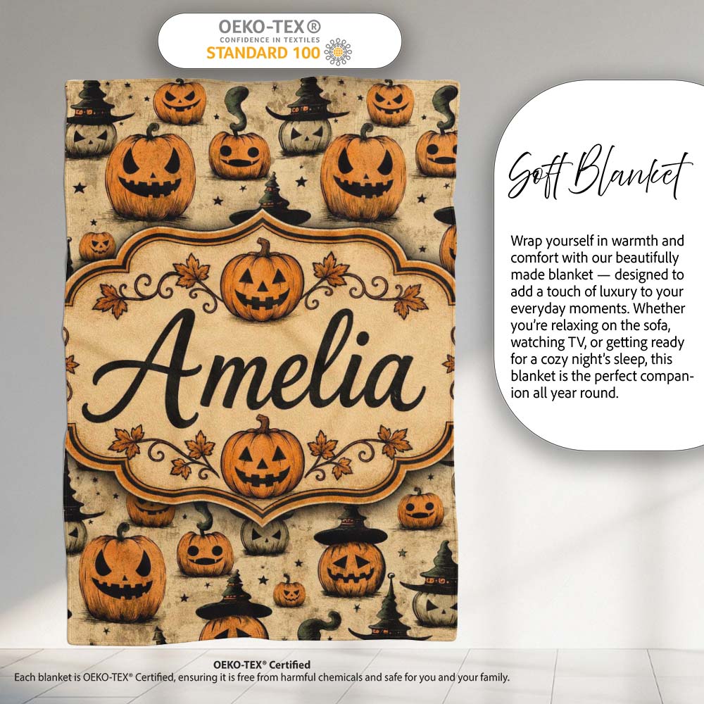 Halloween Pumpkins with Witch Hats and Stars on Vintage Background  Personalised Custom Name Super Soft Fleece Blanket Bed Sofa Throw