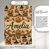 Halloween Pumpkins with Witch Hats and Stars on Vintage Background  Personalised Custom Name Super Soft Fleece Blanket Bed Sofa Throw