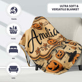 Halloween Pumpkins with Witch Hats and Stars on Vintage Background  Personalised Custom Name Super Soft Fleece Blanket Bed Sofa Throw