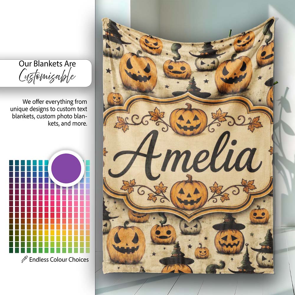 Halloween Pumpkins with Witch Hats and Stars on Vintage Background  Personalised Custom Name Super Soft Fleece Blanket Bed Sofa Throw