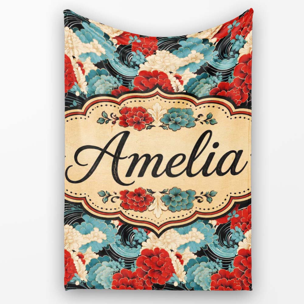 Japanese Style Floral Waves with Red Blue and Cream Blossoms Lovely  Personalised Custom Name Super Soft Fleece Blanket Bed Sofa Throw