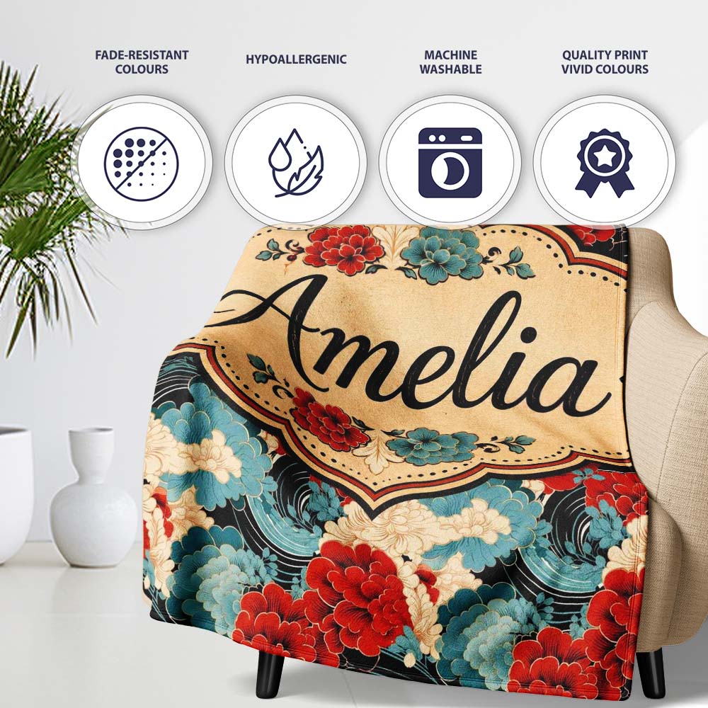 Japanese Style Floral Waves with Red Blue and Cream Blossoms Lovely  Personalised Custom Name Super Soft Fleece Blanket Bed Sofa Throw