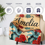 Japanese Style Floral Waves with Red Blue and Cream Blossoms Lovely  Personalised Custom Name Super Soft Fleece Blanket Bed Sofa Throw