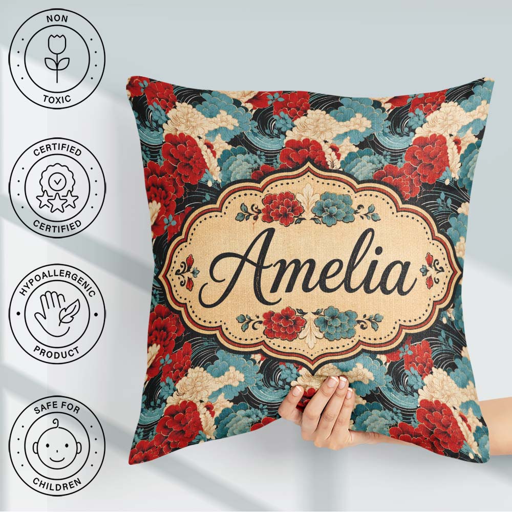Custom Name Japanese Style Floral Waves with Red Blue and Cream Square Filled Cushion Throw Pillow Sofa Bed Home Decor Zip Washable UK Made