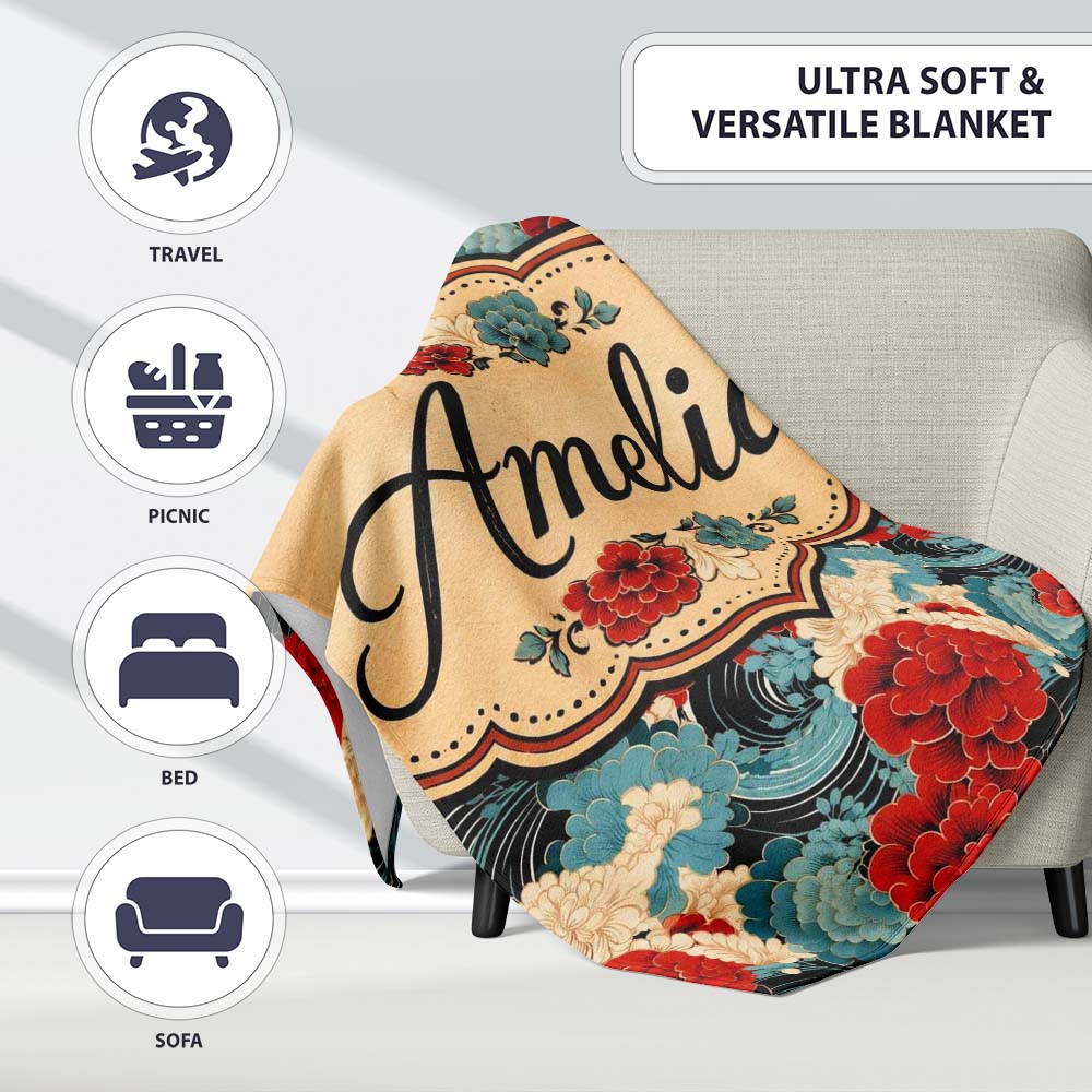 Japanese Style Floral Waves with Red Blue and Cream Blossoms Lovely  Personalised Custom Name Super Soft Fleece Blanket Bed Sofa Throw