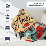 Japanese Style Floral Waves with Red Blue and Cream Blossoms Lovely  Personalised Custom Name Super Soft Fleece Blanket Bed Sofa Throw