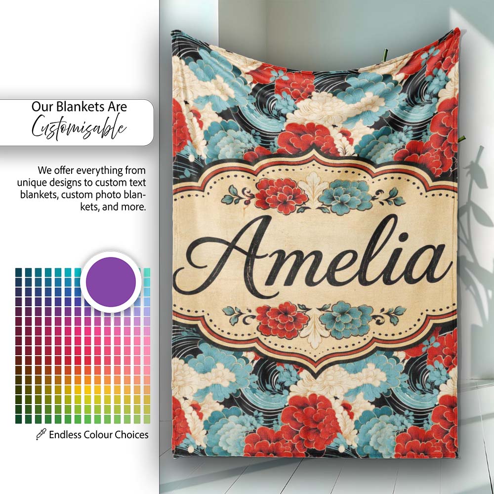 Japanese Style Floral Waves with Red Blue and Cream Blossoms Lovely  Personalised Custom Name Super Soft Fleece Blanket Bed Sofa Throw