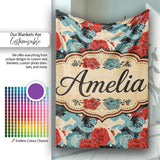Japanese Style Floral Waves with Red Blue and Cream Blossoms Lovely  Personalised Custom Name Super Soft Fleece Blanket Bed Sofa Throw
