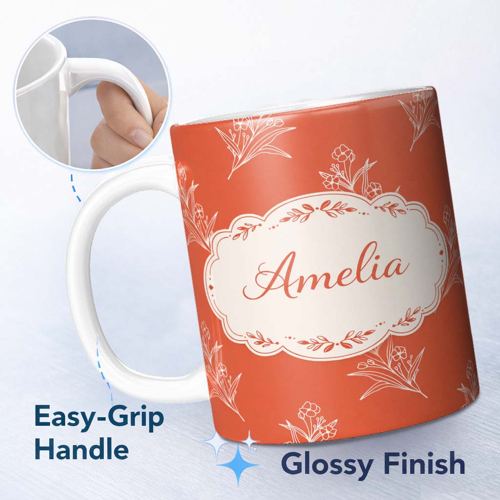 Personalized Custom Name Minimal White Floral Line Art Orange Background Seamless Pattern 11oz Ceramic Coffee Tea Mug White Large Handle
