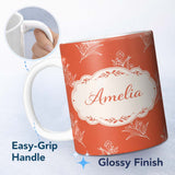 Personalized Custom Name Minimal White Floral Line Art Orange Background Seamless Pattern 11oz Ceramic Coffee Tea Mug White Large Handle
