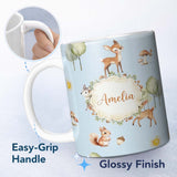 Personalized Custom Name Woodland Deer Fox Squirrel Trees Mushrooms Sun Soft Blue Seamless 11oz Ceramic Coffee Tea Mug White Large Handle