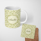 Personalized Custom Name Light Olive Leaves Seamless Pattern Minimal Botanical Nature Design 11oz Ceramic Coffee Tea Mug White Large Handle