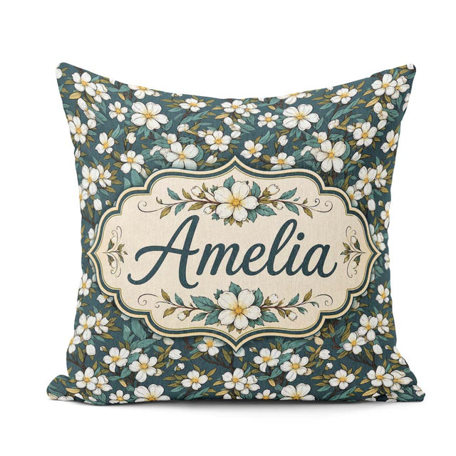 Custom Name Teal Background White Floral Botanical with Detailed Square Filled Cushion Throw Pillow Sofa Bed Home Decor Zip Washable UK Made