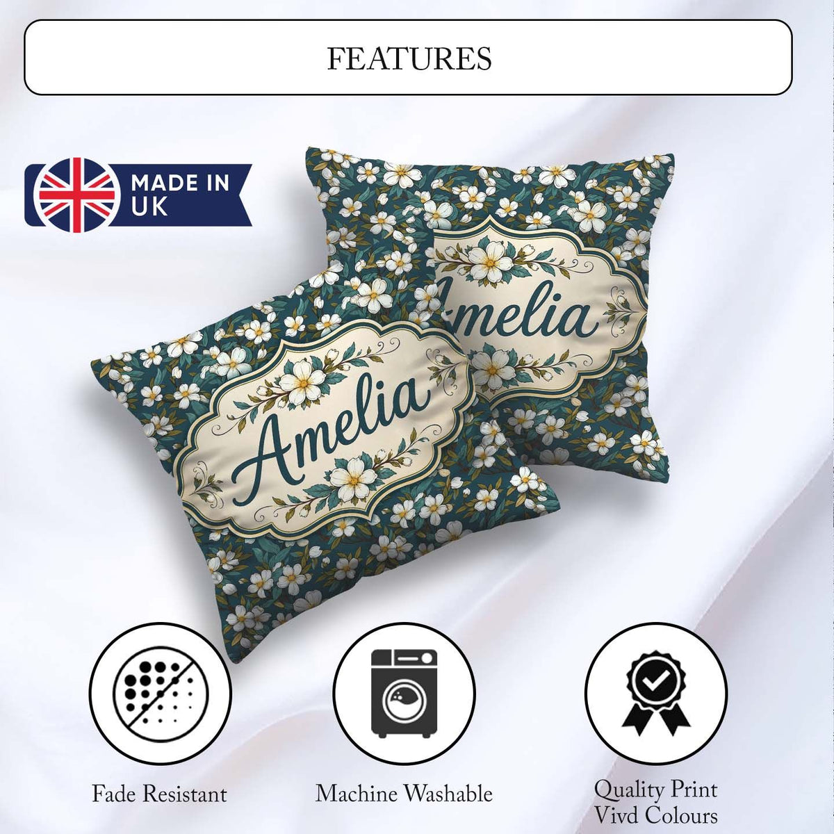 Custom Name Teal Background White Floral Botanical with Detailed Square Filled Cushion Throw Pillow Sofa Bed Home Decor Zip Washable UK Made