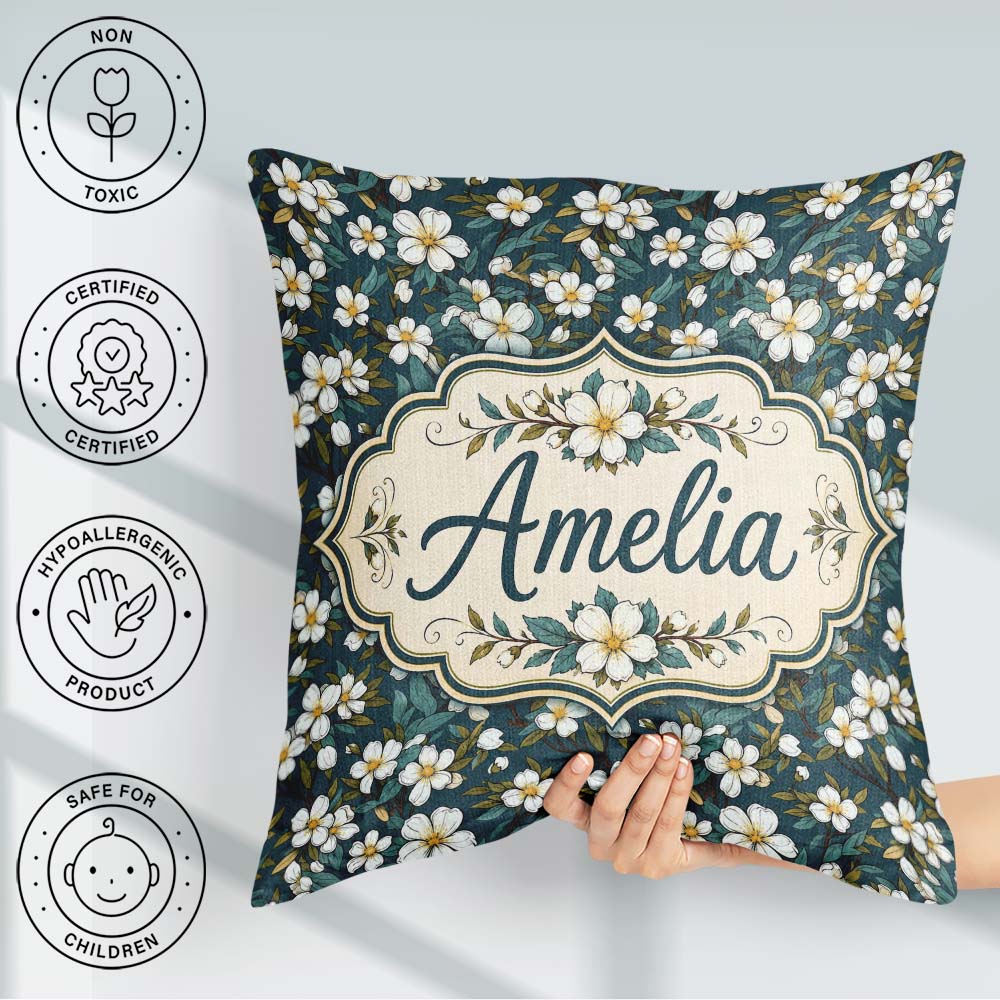 Custom Name Teal Background White Floral Botanical with Detailed Square Filled Cushion Throw Pillow Sofa Bed Home Decor Zip Washable UK Made
