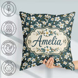 Custom Name Teal Background White Floral Botanical with Detailed Square Filled Cushion Throw Pillow Sofa Bed Home Decor Zip Washable UK Made