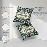 Custom Name Teal Background White Floral Botanical with Detailed Square Filled Cushion Throw Pillow Sofa Bed Home Decor Zip Washable UK Made