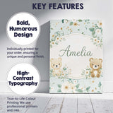 Personalised Name Teddy Bear Floral Nursery Pattern Blue Background Custom Canvas Wall Art Print Decor Picture Ready to Hang