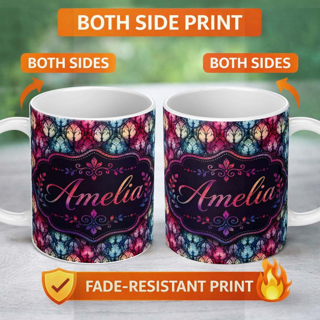 Personalized Custom Name Vibrant Art Nouveau Floral Stained Glass Pink Blue Seamless Pattern 11oz Ceramic Coffee Tea Mug White Large Handle