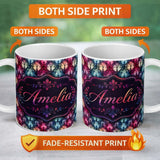Personalized Custom Name Vibrant Art Nouveau Floral Stained Glass Pink Blue Seamless Pattern 11oz Ceramic Coffee Tea Mug White Large Handle