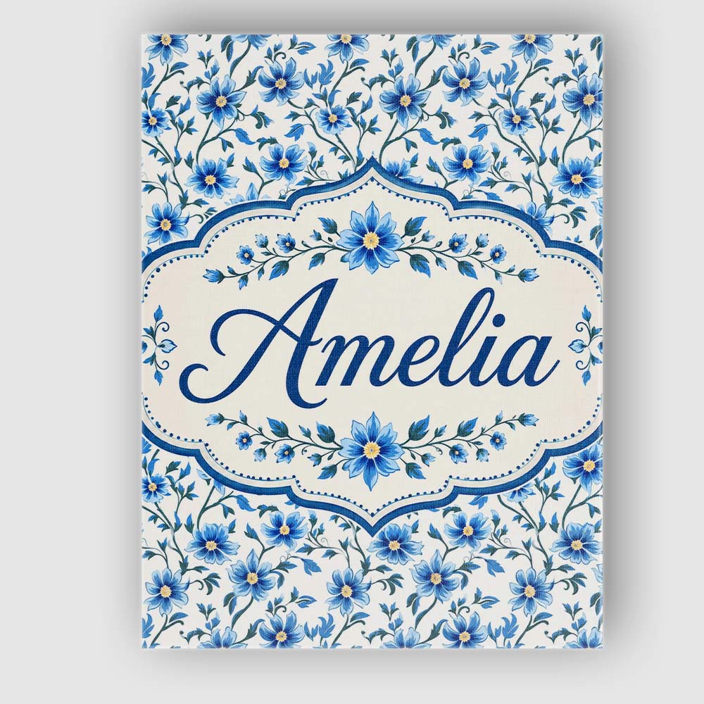 Personalised Name Classic Blue Floral Vine Custom  Unique Gift Idea Elegant Feature Canvas Wall Art Print Decor Picture Ready to Hang